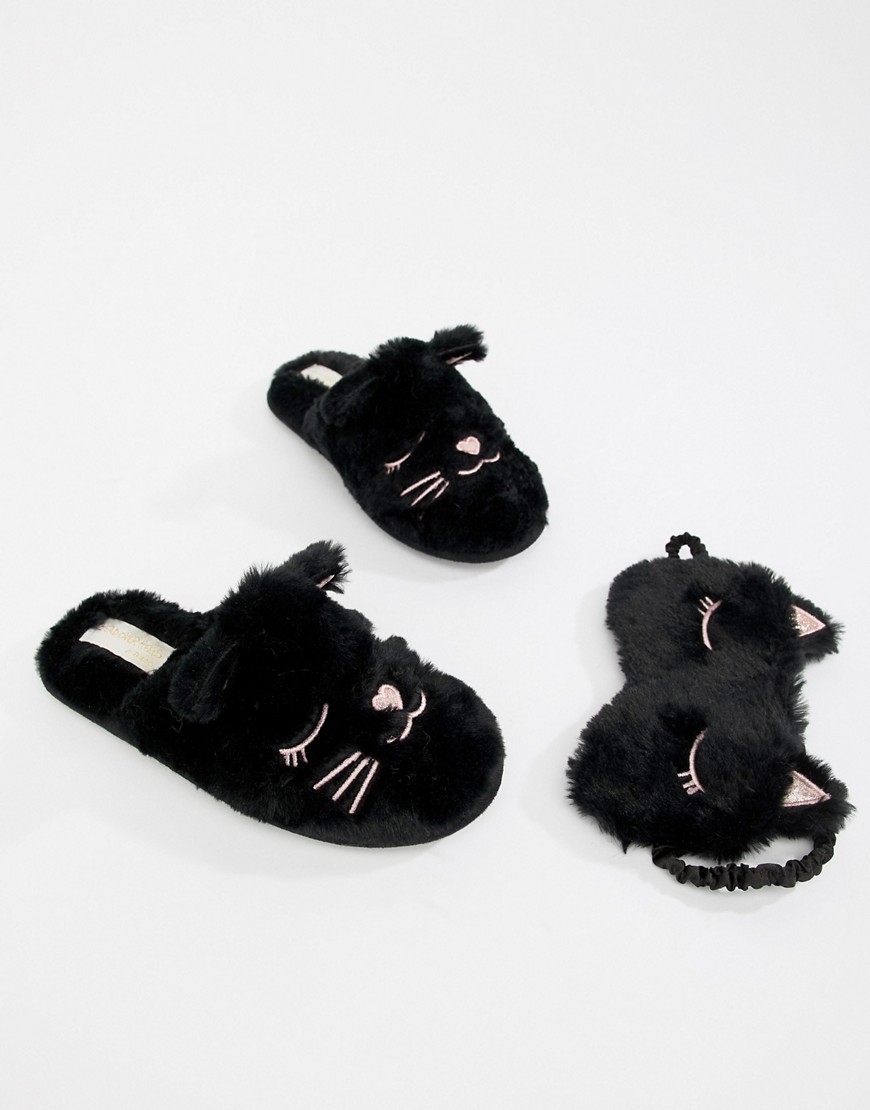 Head Over Heels Figaro Black Cat Slippers With Cat Eye Mask Pack - Black