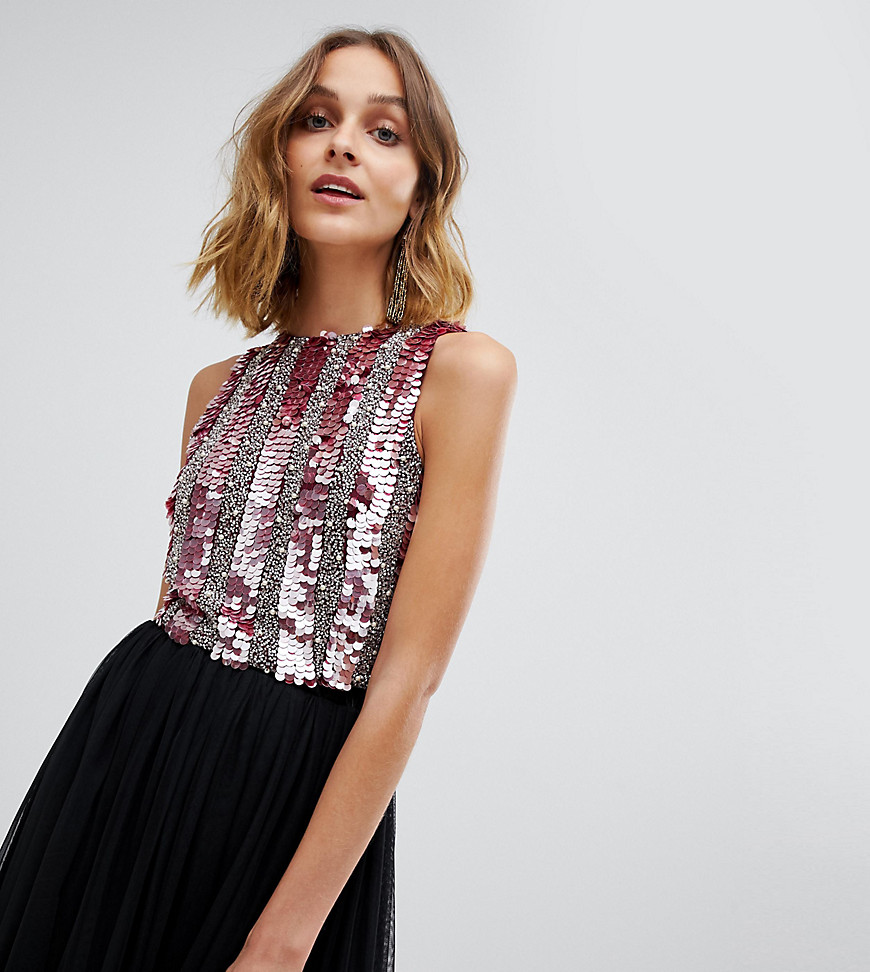 Lace & Beads embellished crop top in multi berry sequin