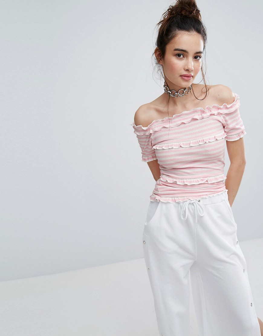 H! By Henry Holland Off Shoulder Top In Candy Stripe - Cream