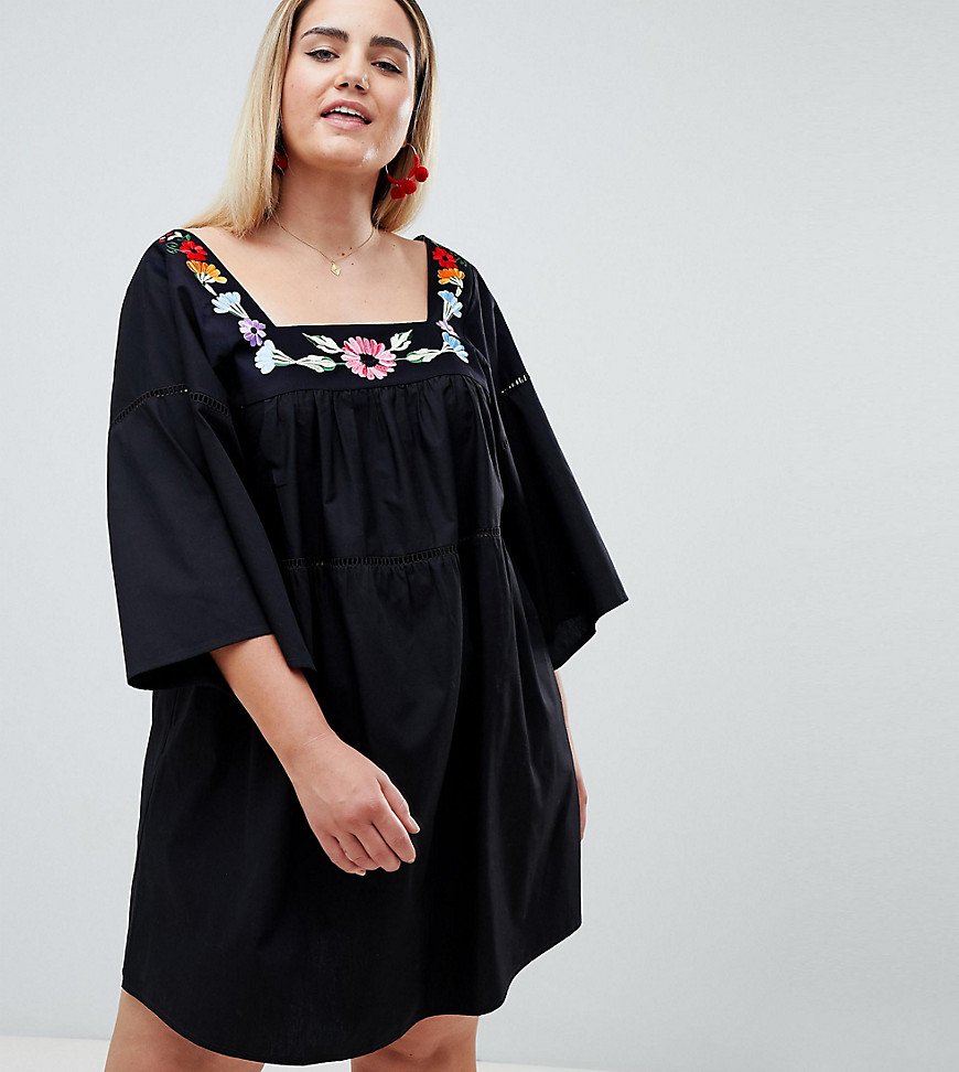 ASOS DESIGN Curve lace insert smock mini sundress with embroidery