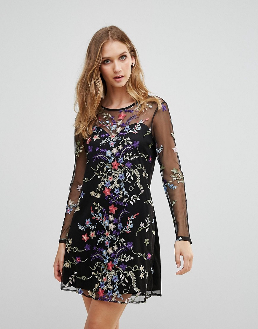 Rd & Koko Long Sleeve Mesh Overlay Dress With Floral Embroidery
