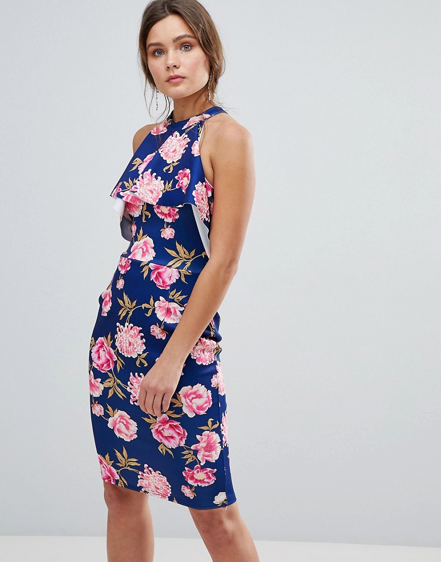 GIRLS ON FILM FLORAL HIGH NECK MIDI DRESS WITH FRILL DETAIL - NAVY,D7491C5E