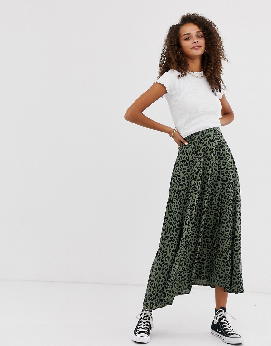 ASOS DESIGN floaty midi skirt with button waist detail in leopard print
