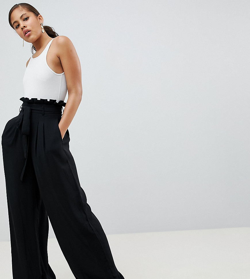 Missguided Tall exclusive tall paper bag waist wide leg trousers in black
