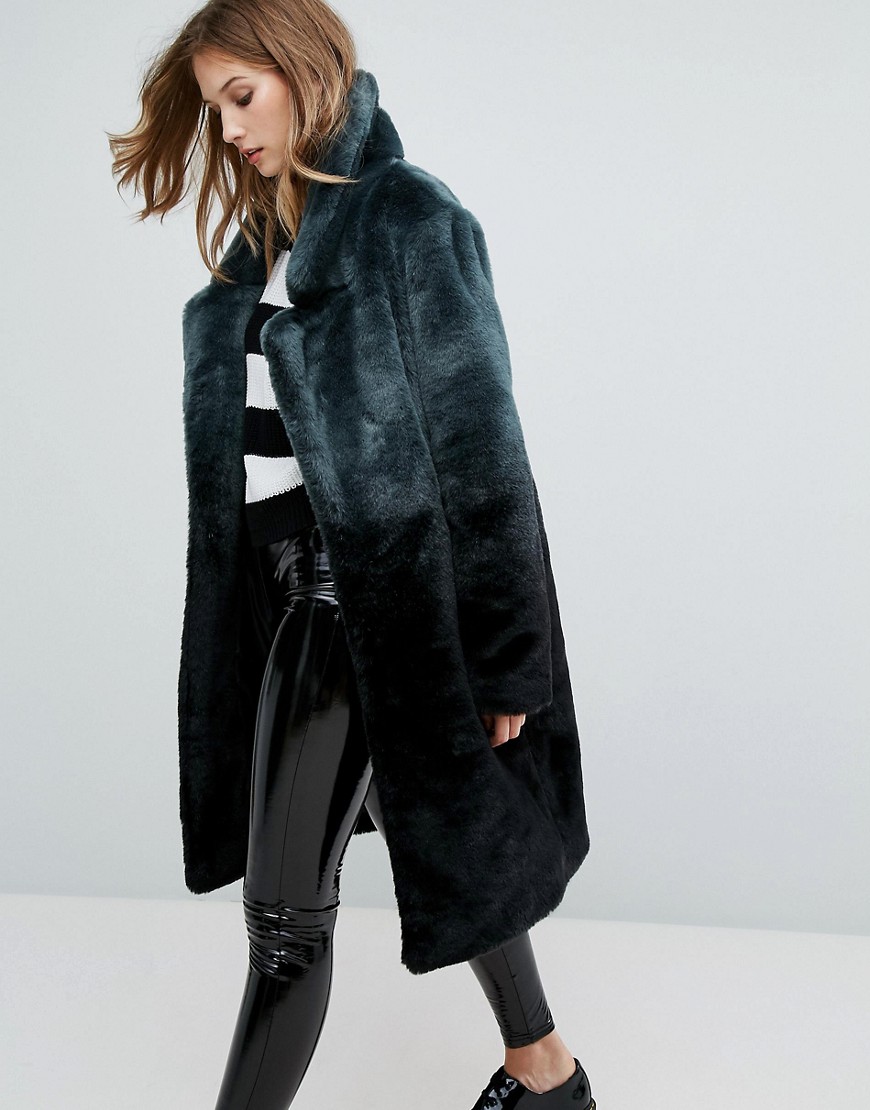 Urbancode Longline Coat In Ombre Faux Fur - Black/teal | Monroe Clothing