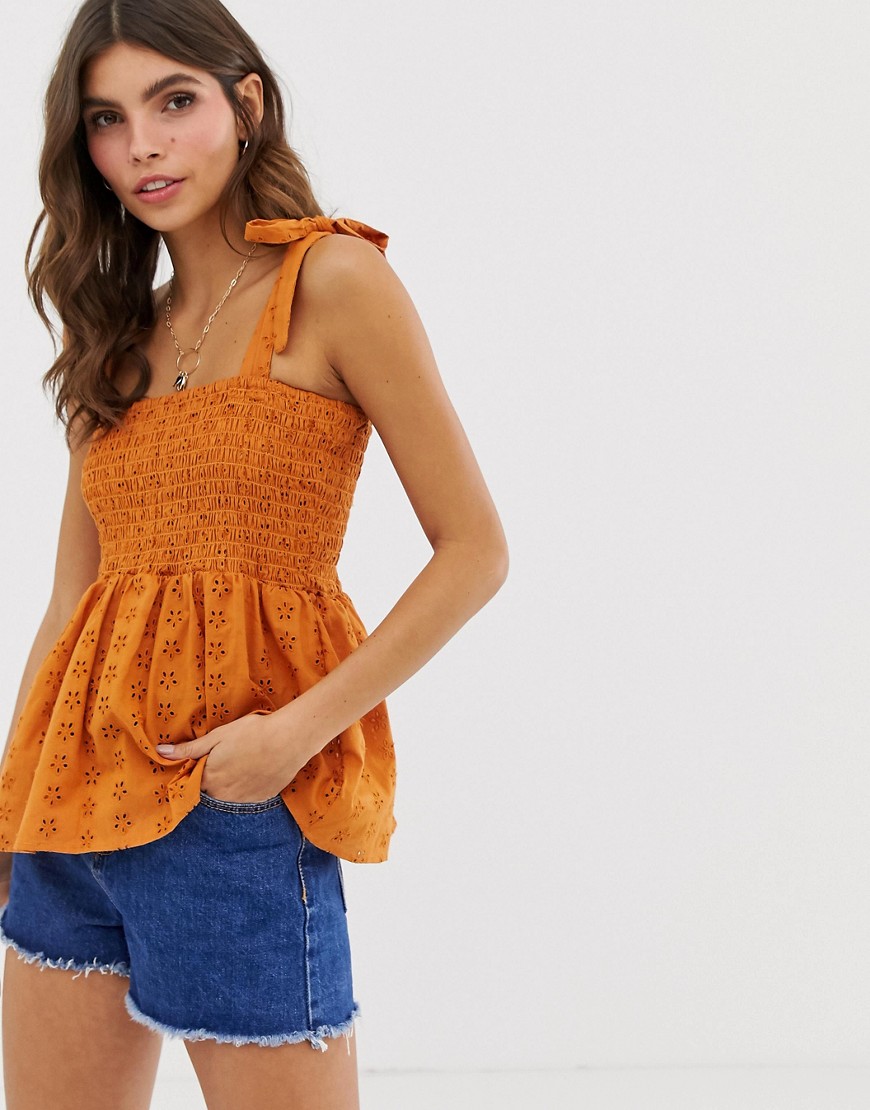ASOS DESIGN cami broderie sun top with shirring and tie shoulder detail