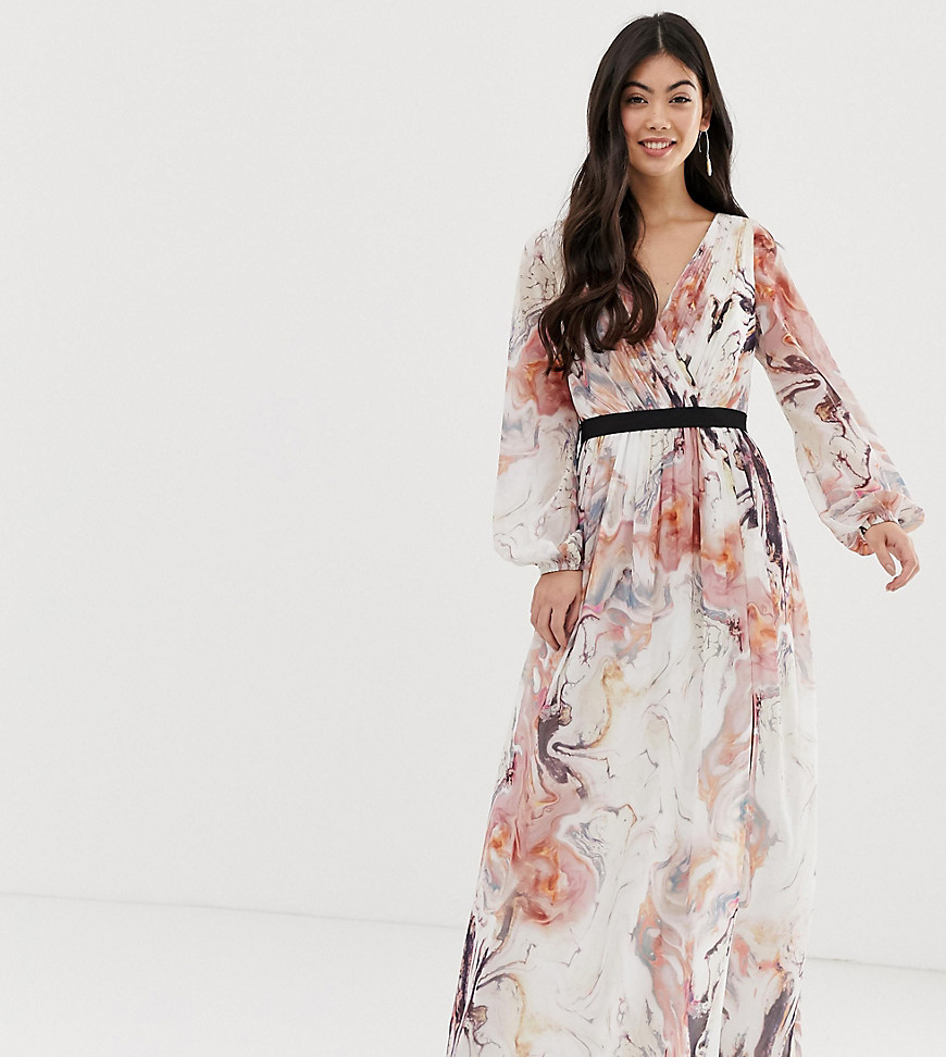 Little Mistress Petite plunge front long sleeve maxi dress in floral print