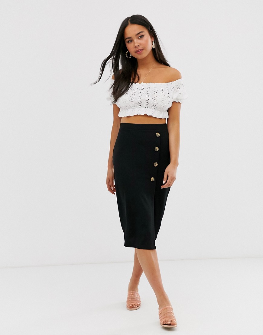 New Look side button down midi skirt in black