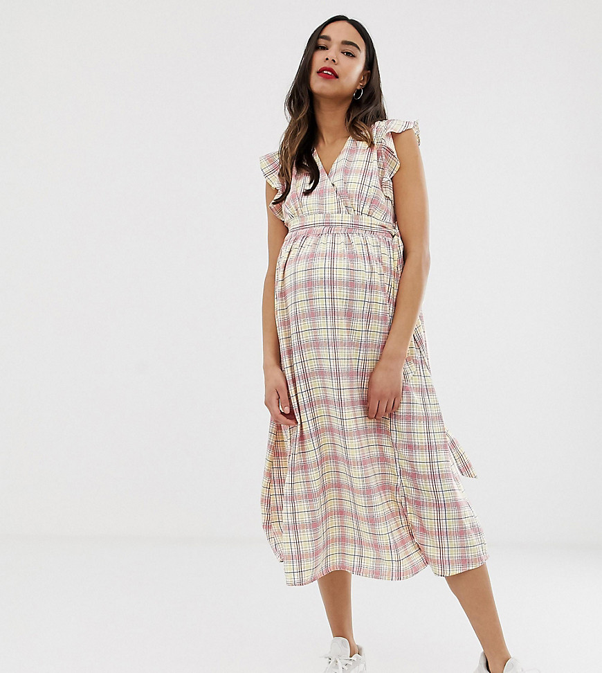 Glamorous Bloom midi dress with ruffle shoulders in grid check