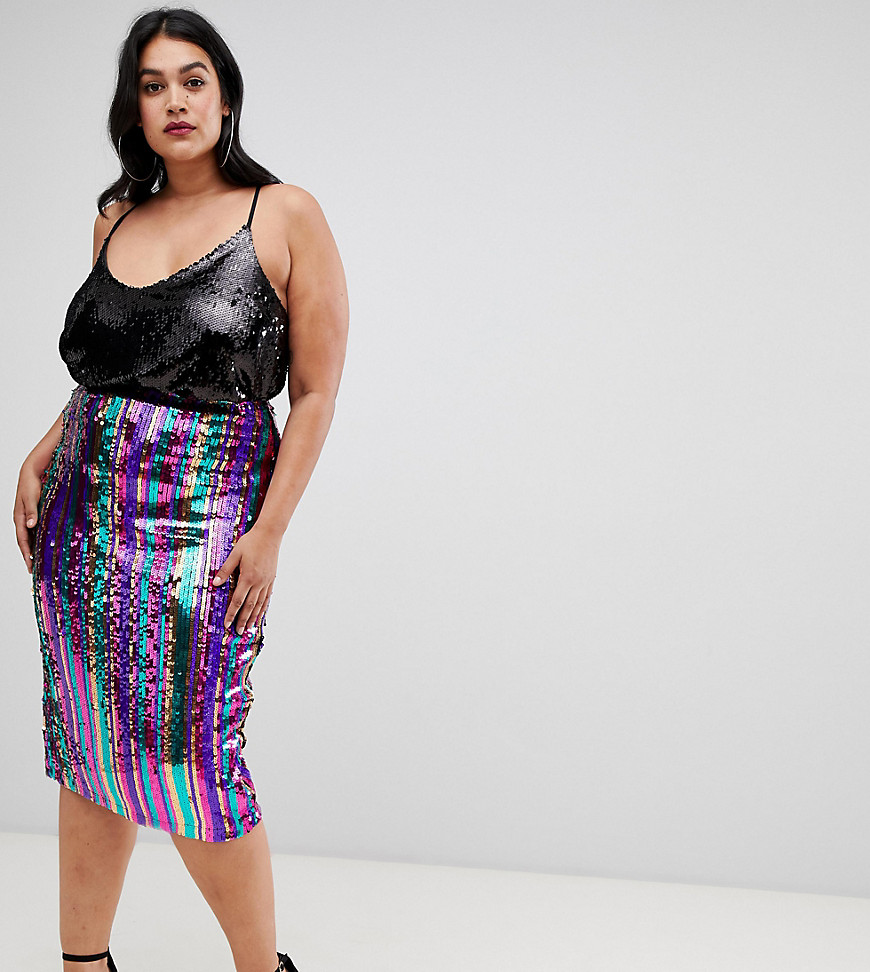 Outrageous Fortune Plus sequin midi bodycon skirt in rainbow stripe - Multi