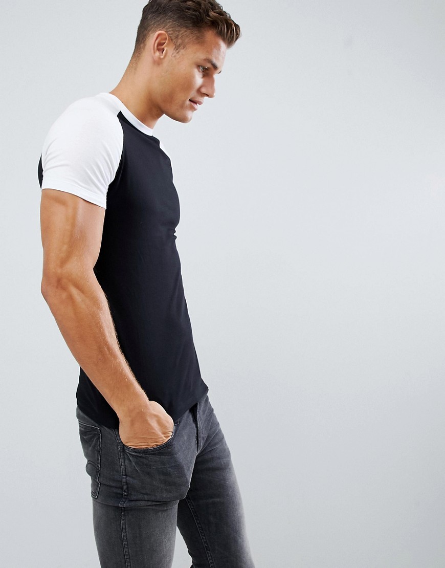 ASOS DESIGN muscle fit raglan t-shirt with crew neck in black & white