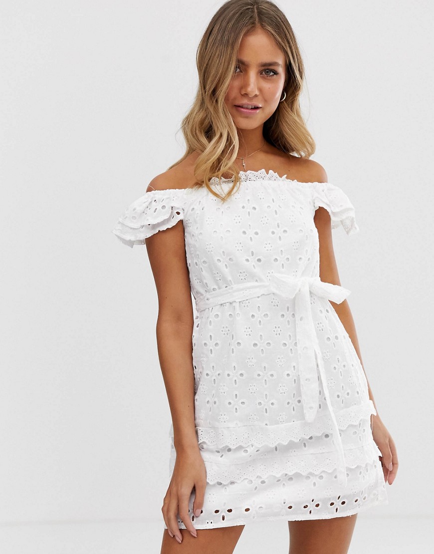 Parisian off shoulder white dress in broderie anglaise