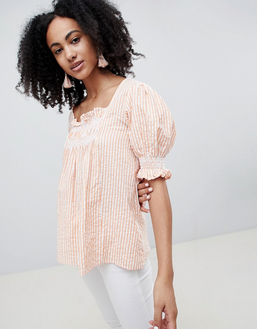 Lost Ink Smock Top With Shirring In Stripe