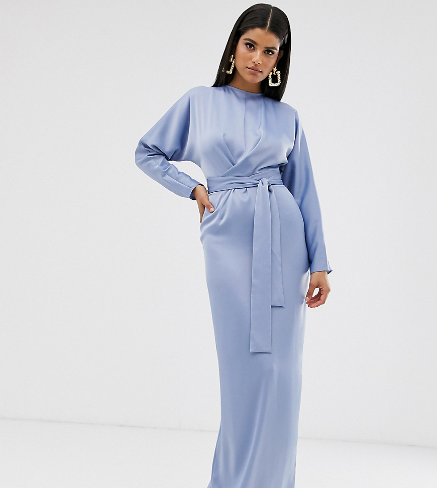 ASOS DESIGN Tall maxi dress with batwing sleeve and wrap waist in satin