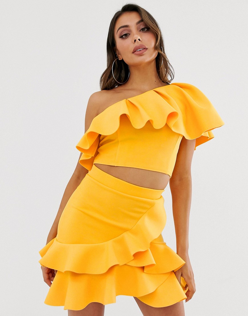Laced In Love one shoulder frill scuba crop top in yellow