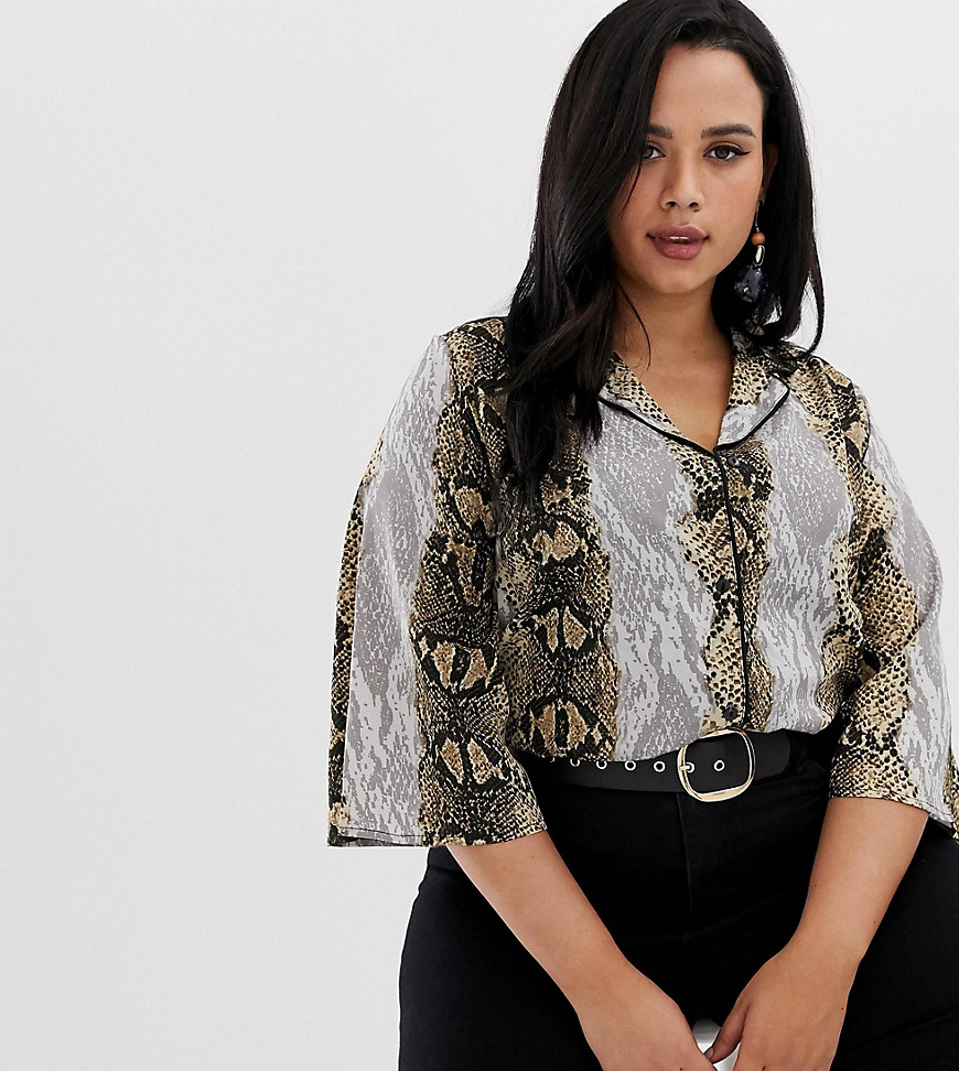 Influence Plus snake print blouse with 3/4 flare sleeve