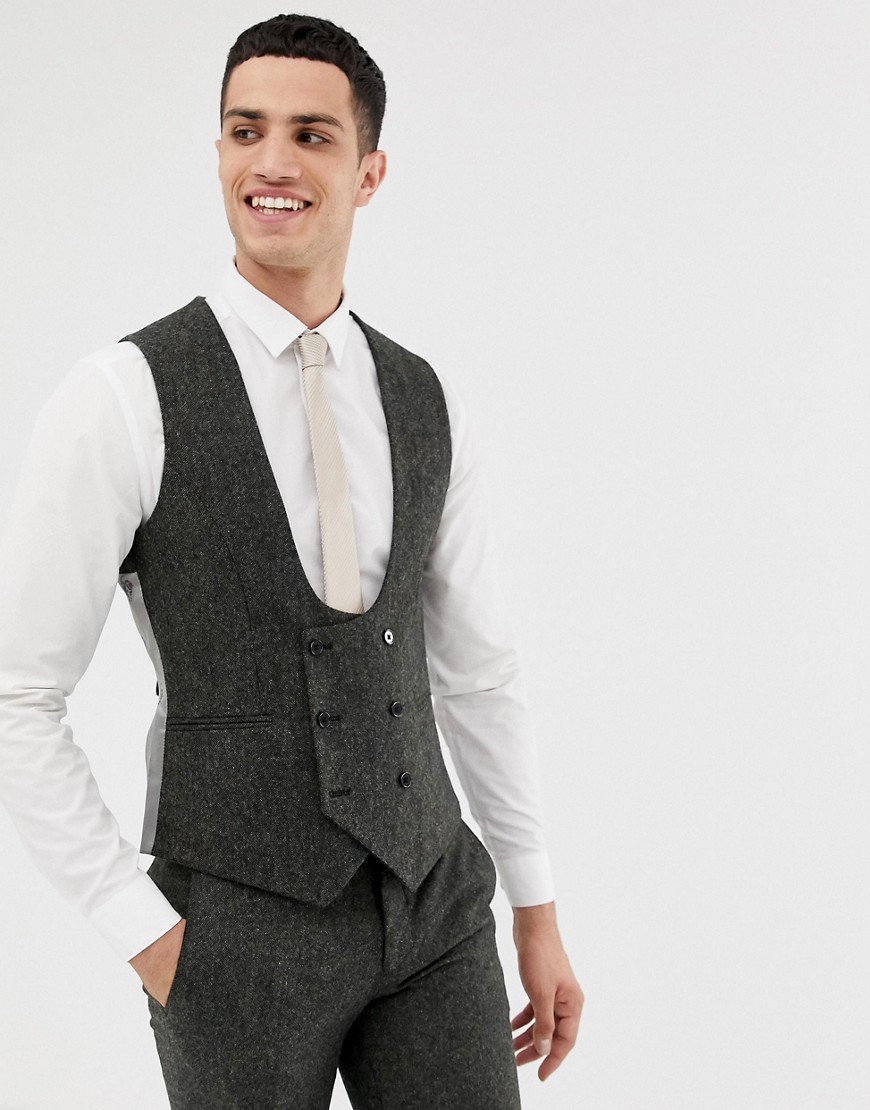 Twisted Tailor super skinny waistcoat in charcoal donegal tweed