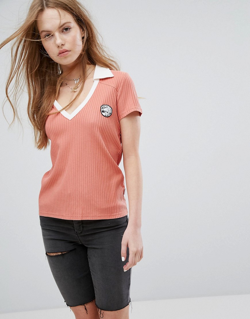 RVCA Polo Top With Contrast Collar And V Neck In Rib