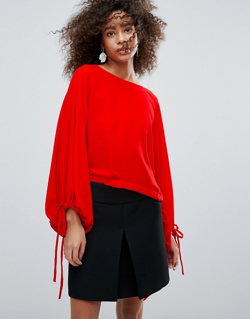 Traffic People Boat Neck Top With Tie Detail - Red