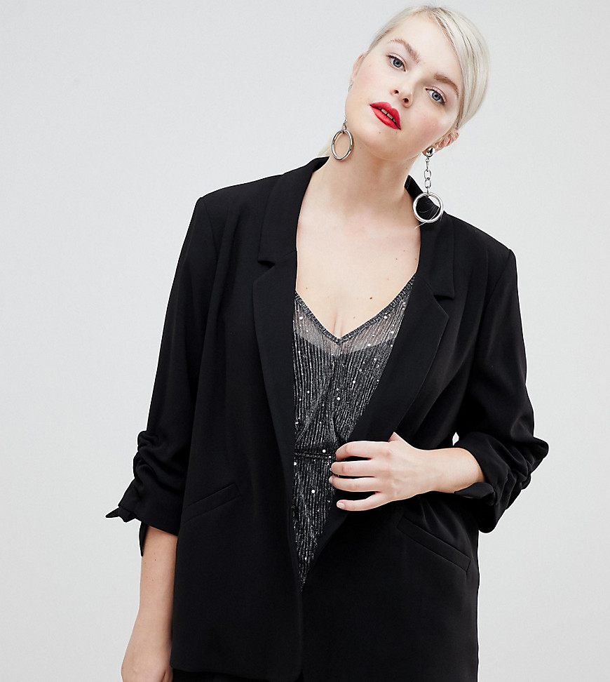 River Island Plus tailored blazer with ruched sleeves in black