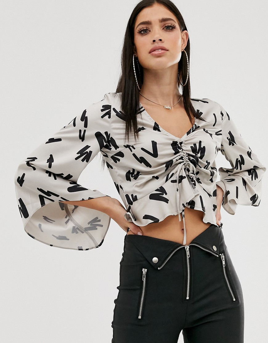 Parallel Lines ruched front blouse with volume sleeve in abstract print