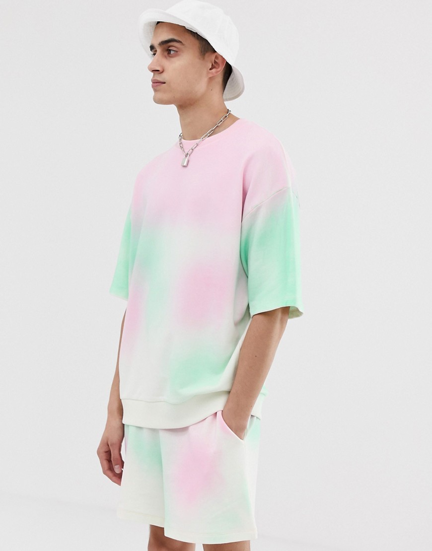 Asos Design Two-piece Oversized Short Sleeve Sweatshirt With Spray Print In Pink And Green - Multi