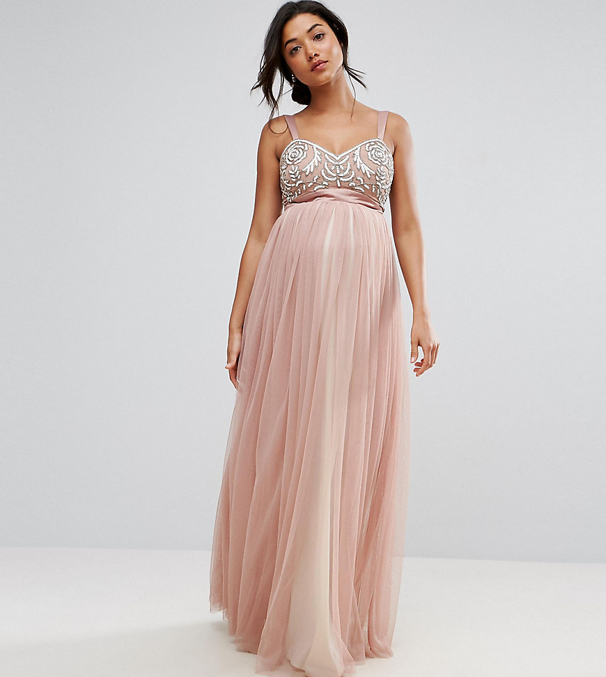 Maya Maternity Embellished Bodice Cami Maxi Dress With Tulle Skirt And Bow Back