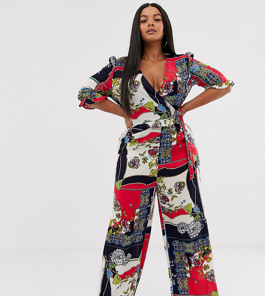 Outrageous Fortune Plus wrap front frilly sleeve culotte jumpsuit in red scarf print