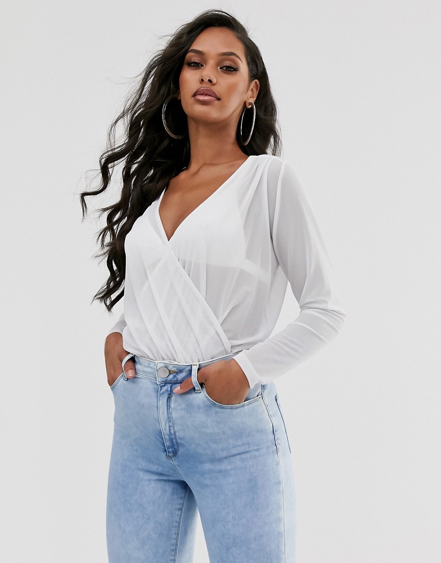 Asos Design Wrap Body In Mesh With Long Sleeve In White