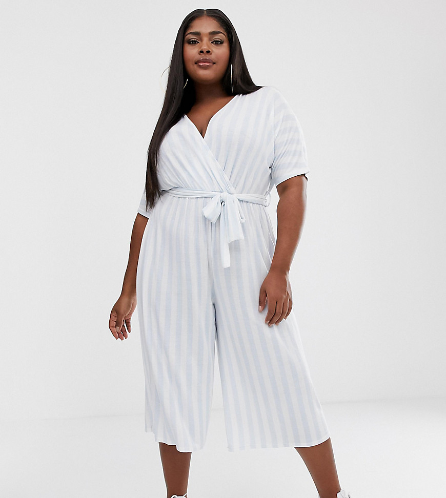 Boohoo Plus exclusive culotte jumpsuit in blue stripe