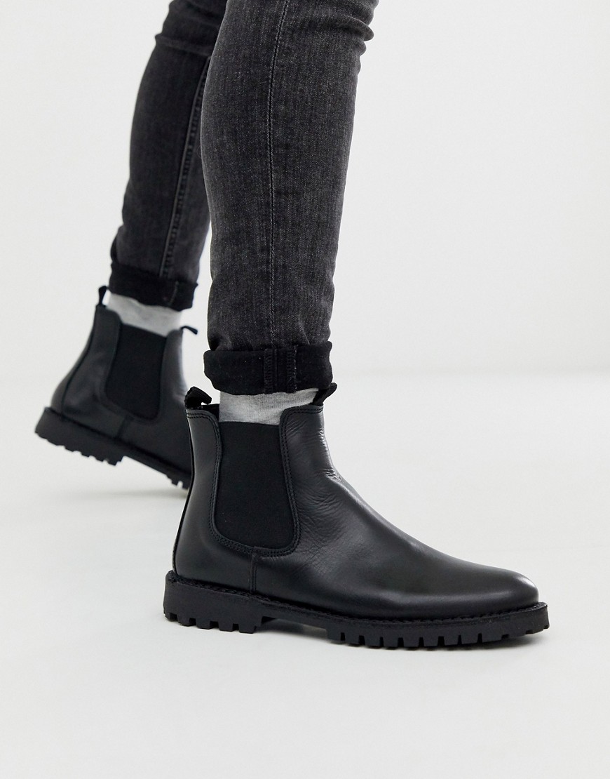 Selected Homme chunky sole leather chelsea boots in black