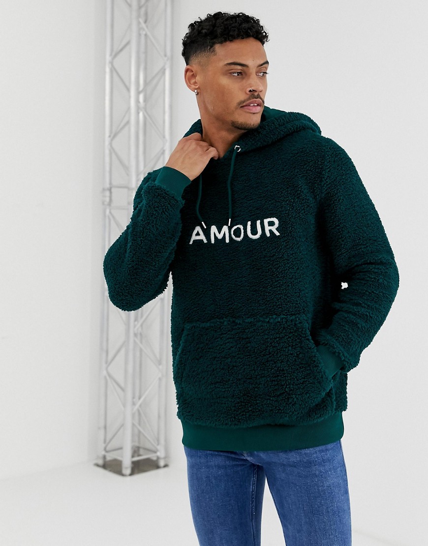 ASOS DESIGN borg hoodie with amour text slogan print