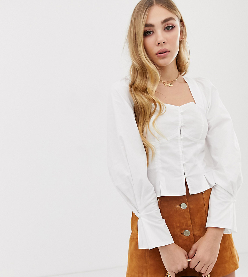 PrettyLittleThing ruched shoulder button down long sleeve blouse in white