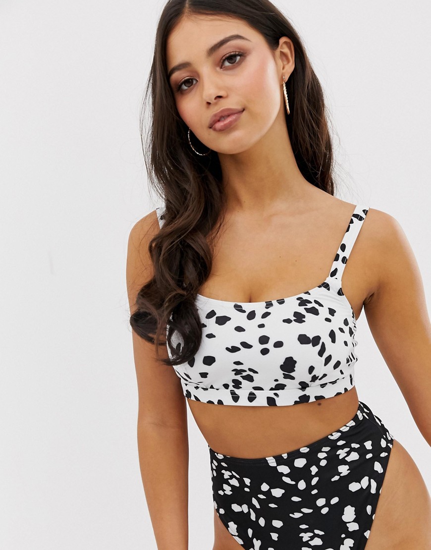 ASOS DESIGN fuller bust recycled mix and match strappy back crop bikini top in white dalmatian print dd-g