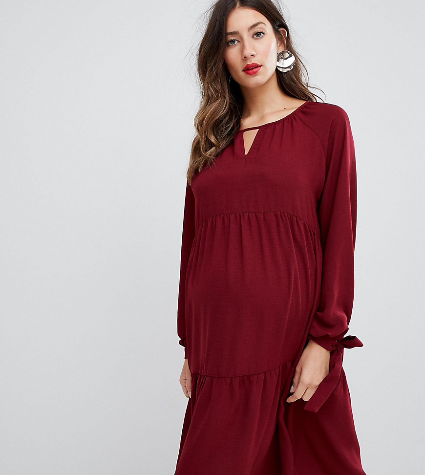 ASOS DESIGN Maternity tiered midi dress with long sleeves and tie cuff detail