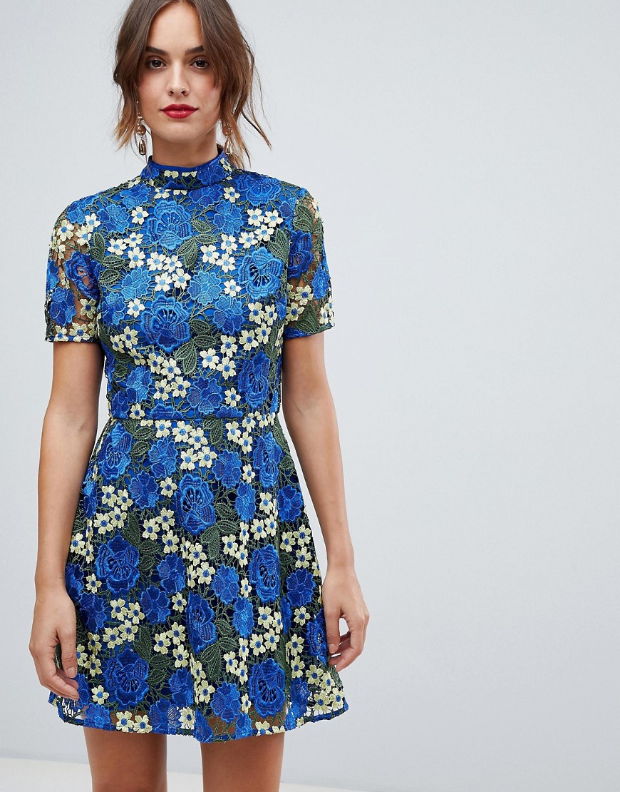 Asos Design Bright Floral Crochet Lace Shift Mini Dress-multi