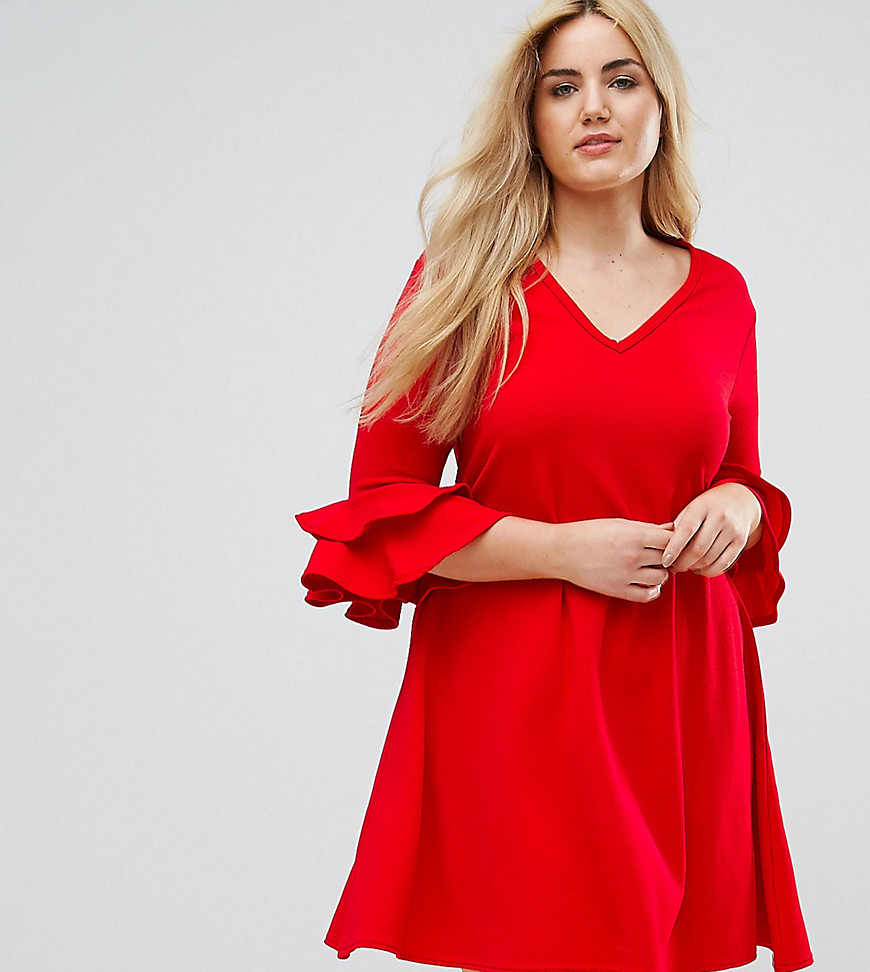 Praslin V Neck Dress with Fluted Sleeve Detail - Red