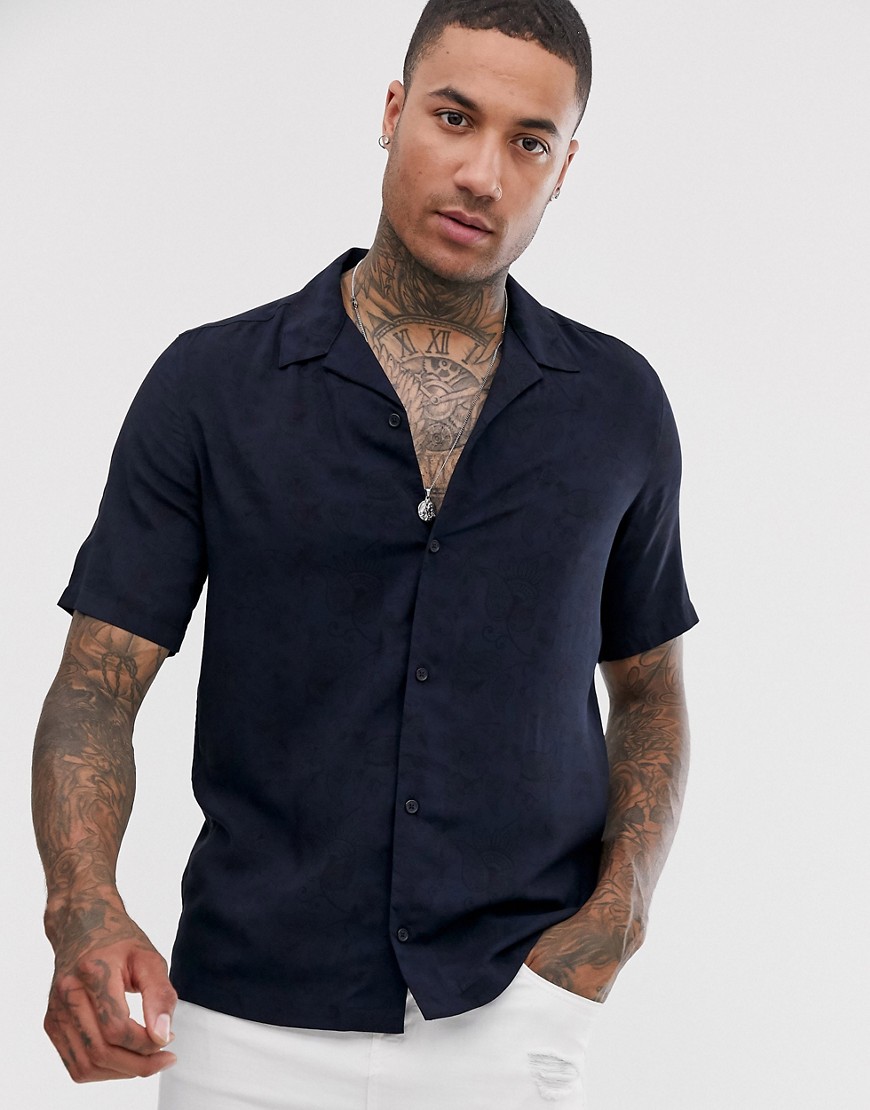 Armani Exchange paisley print short sleeve revere shirt in navy