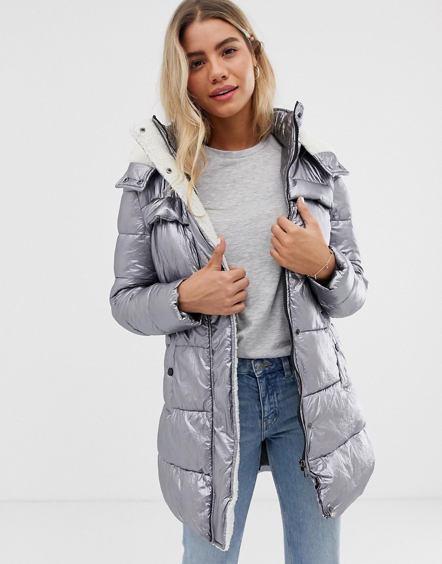 Urban Bliss Belle padded coat with borg lining in metallic