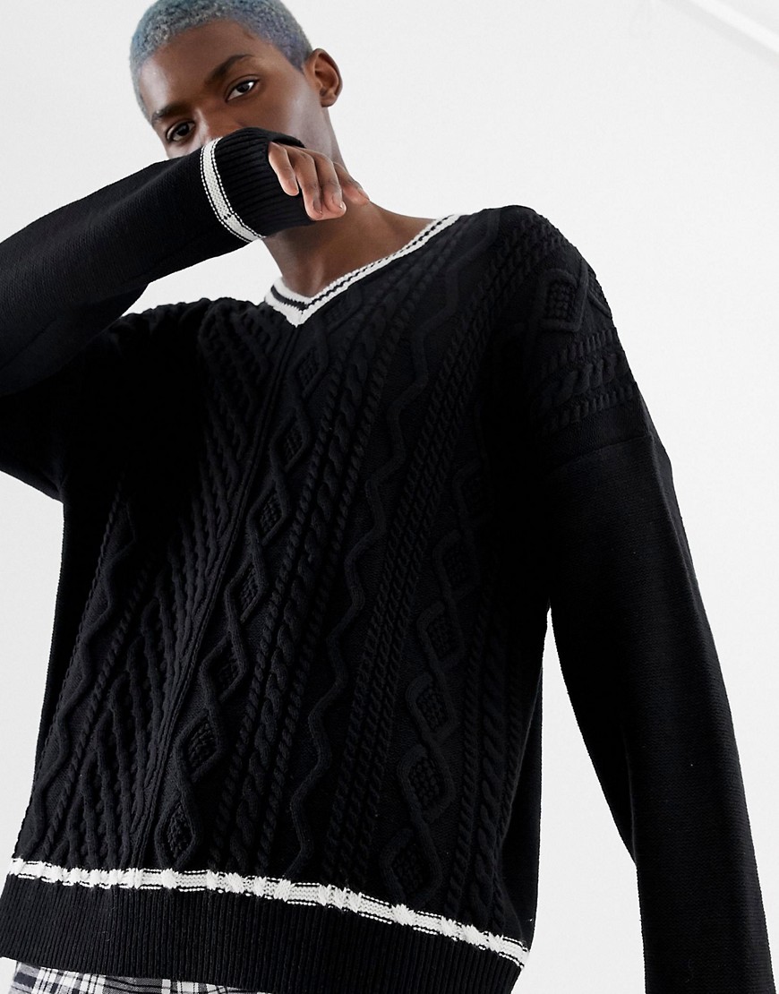 COLLUSION v-neck cable knit jumper with contrast tipping