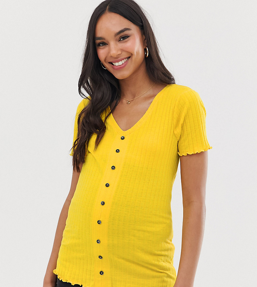 New Look Maternity button through rib tee in yellow