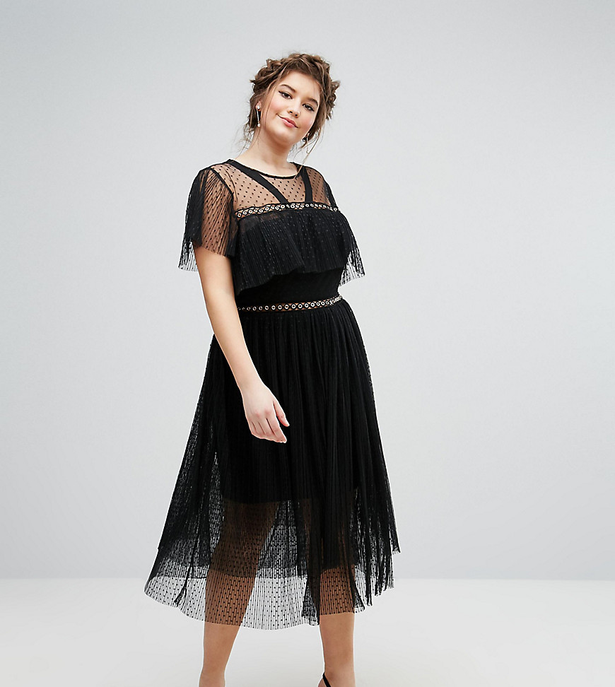 Truly You Tulle Ruffle Dress With Eyelet Detail - Black