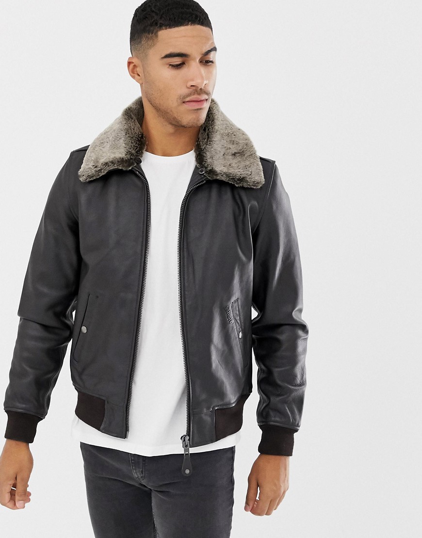 Schott leather flight jacket detachable faux fur collar slim fit in dark brown/black
