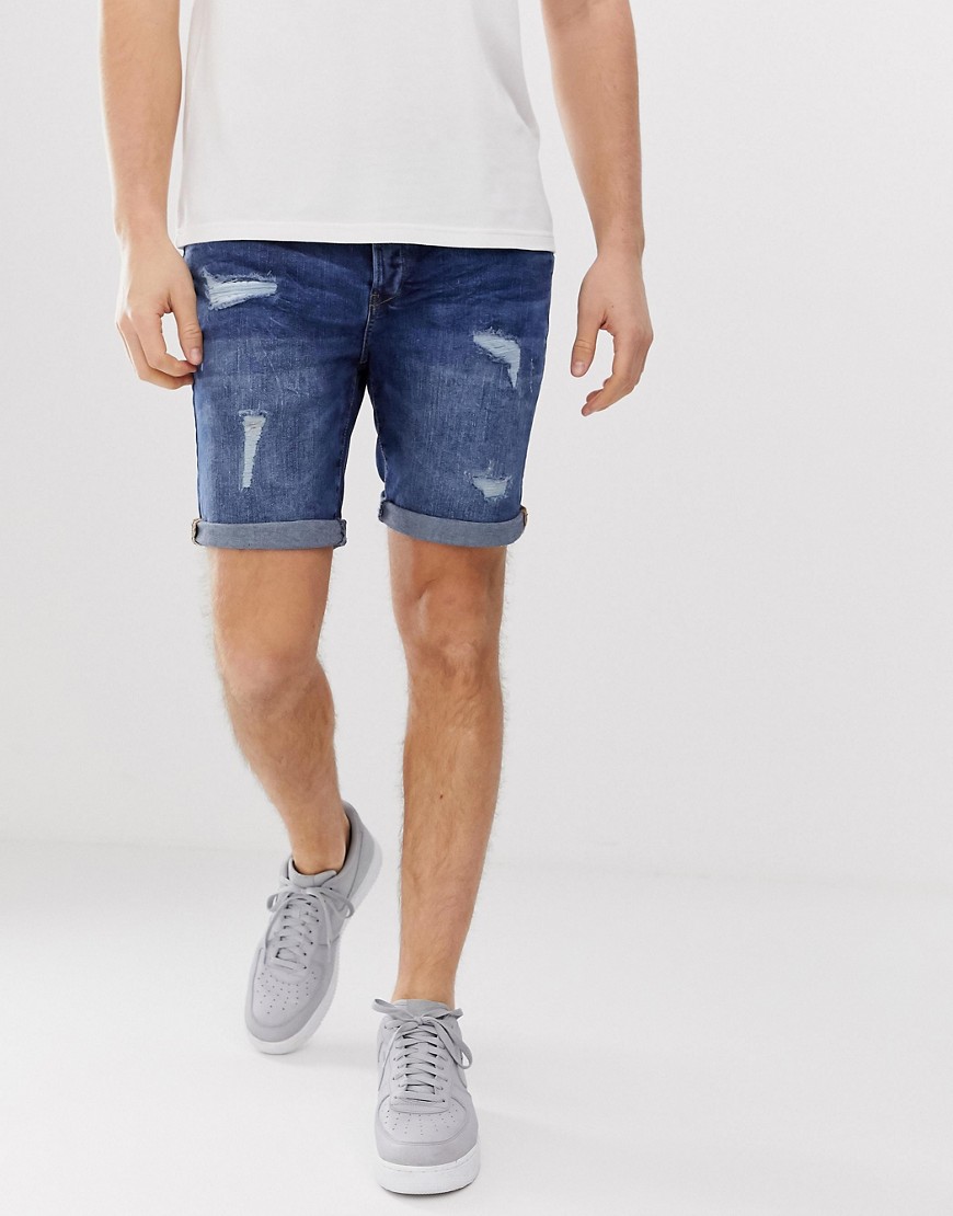 Solid regular fit denim shorts with rip & repair in blue wash