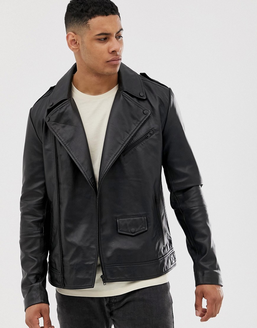 Asos Design Leather Biker Jacket In Black