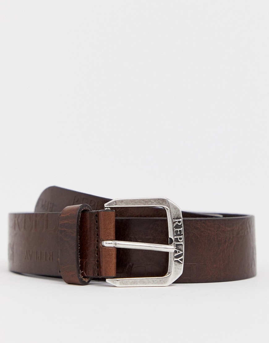 Replay embossed logo leather belt in brown