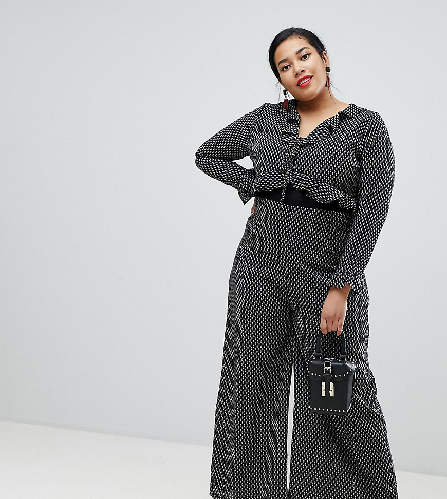 Glamorous Curve tie front wide leg jumpsuit with ruffle detail