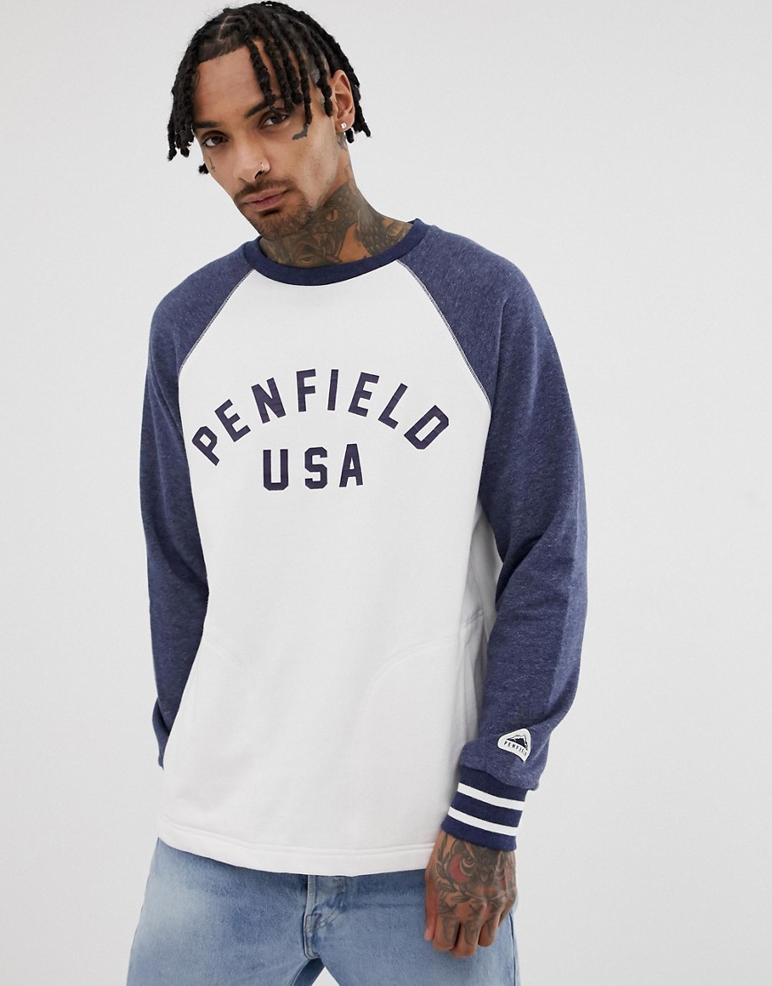 Penfield tolsona crew neck raglan sweat with chest logo and cuff tipping in white