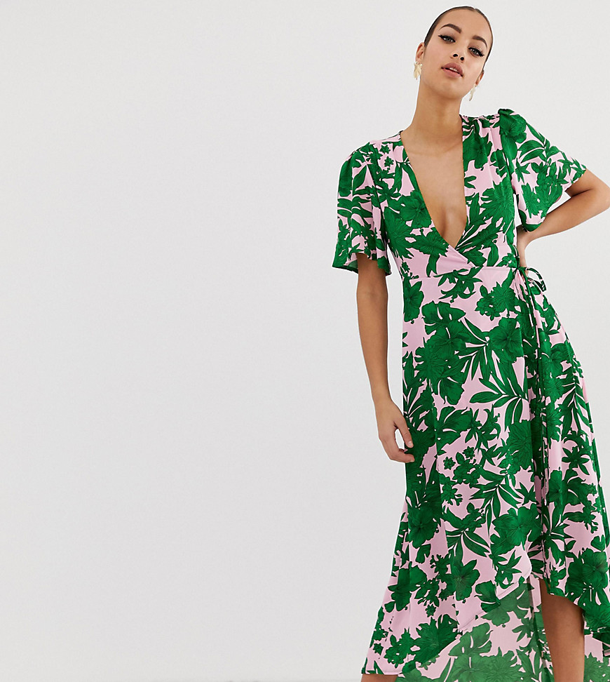 Missguided plunge wrap front midi dress in green tropical palm print