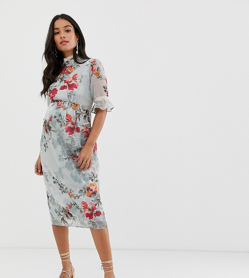 Hope & Ivy Maternity ruffle sleeve pencil dress in blue floral